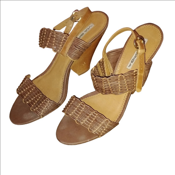 Via Spiga Brown Woven Heels Wooden Wedge - Picture 1 of 6